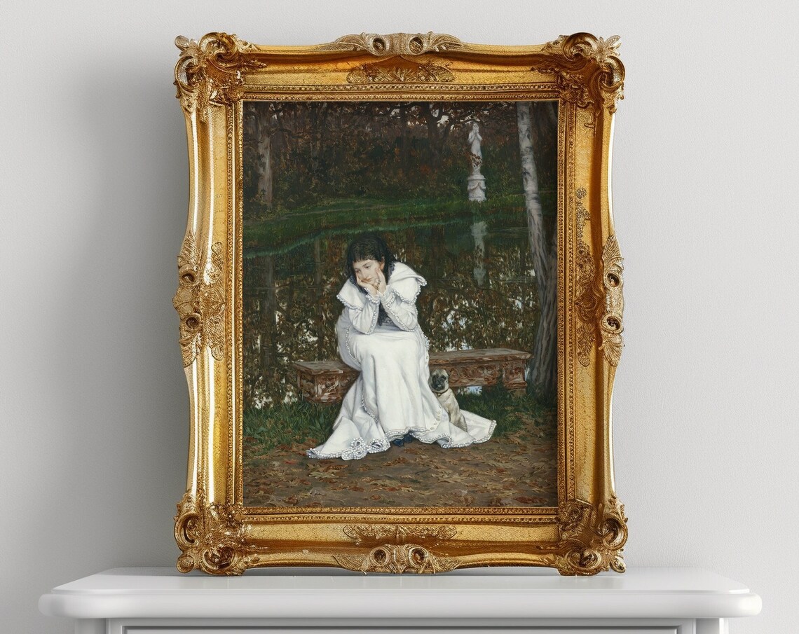 Moody Woman in White Dress with Pug by Dark Pond Oil Painting Poster