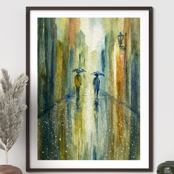 Rainy City Street Watercolor Two Umbrellas Moody Glow Art Poster