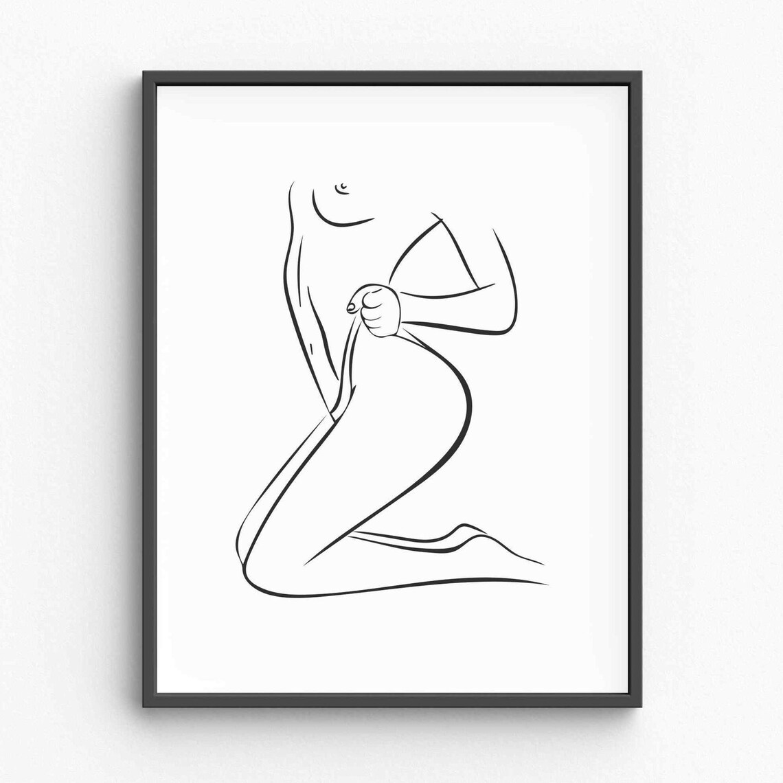 Kneeling Nude Figure One Line Drawing Minimalist Body Poster