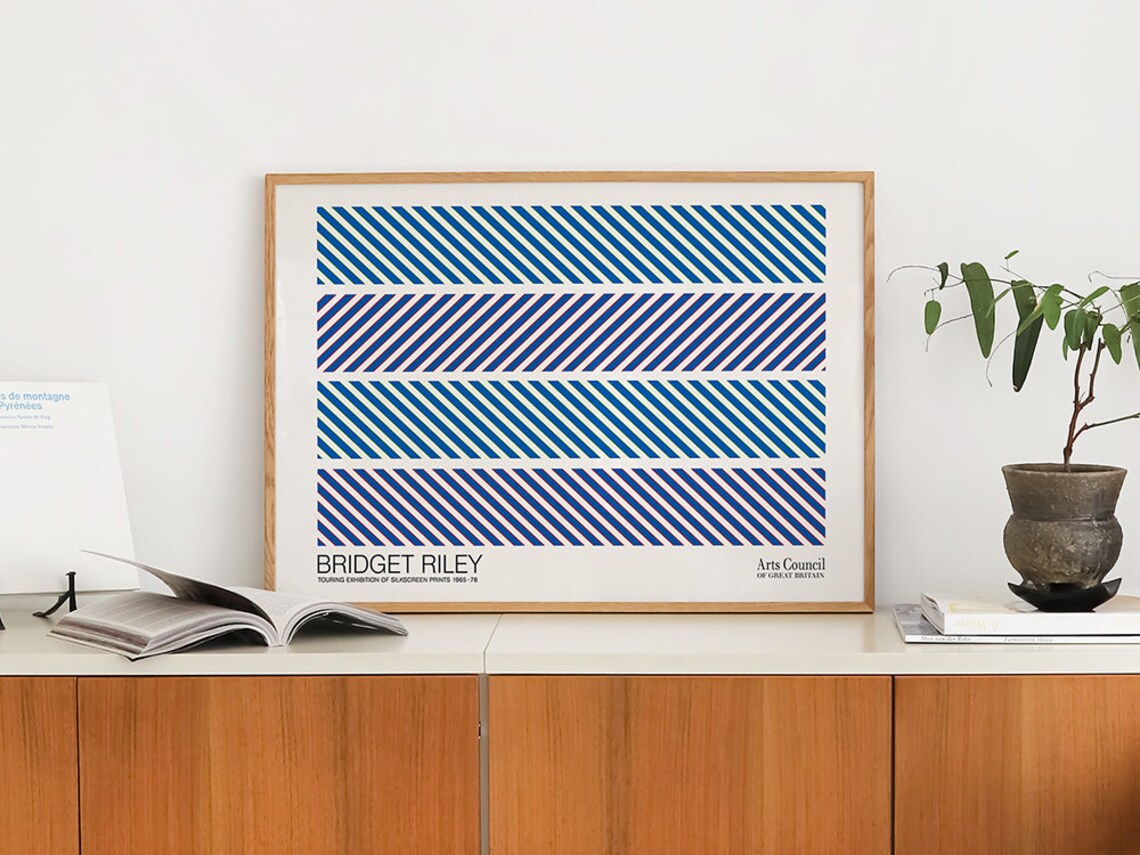 Bridget Riley Blue Diagonal Stripes Silkscreen Exhibition 1965 to 1976 Poster - Image 3