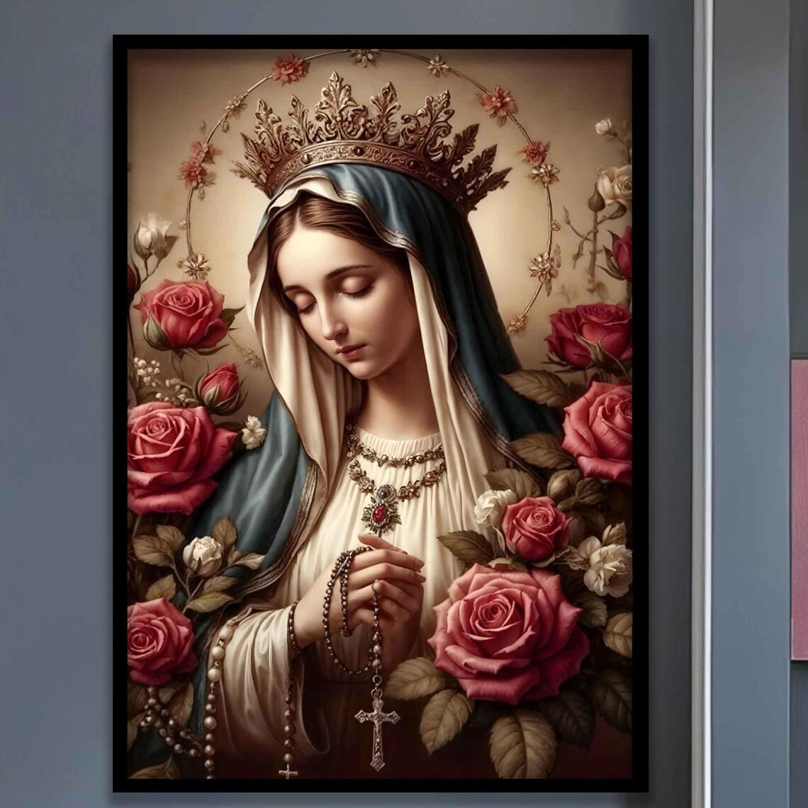 Crowned Virgin Mary with Rosary and Roses Catholic Faith Poster