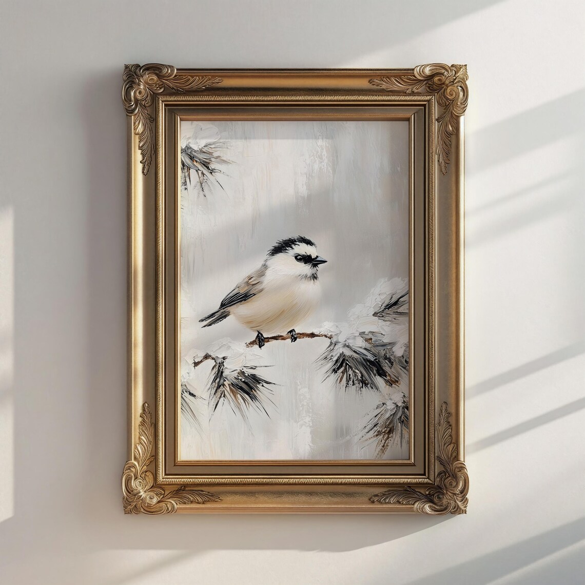 Chickadee on Snowy Branch Winter Bird Oil Painting Style Poster - Image 5