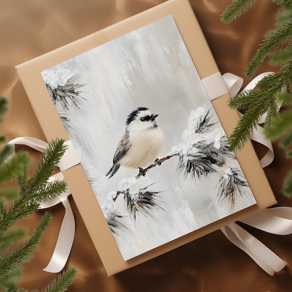 Chickadee on Snowy Branch Winter Bird Oil Painting Style Poster - Image 6