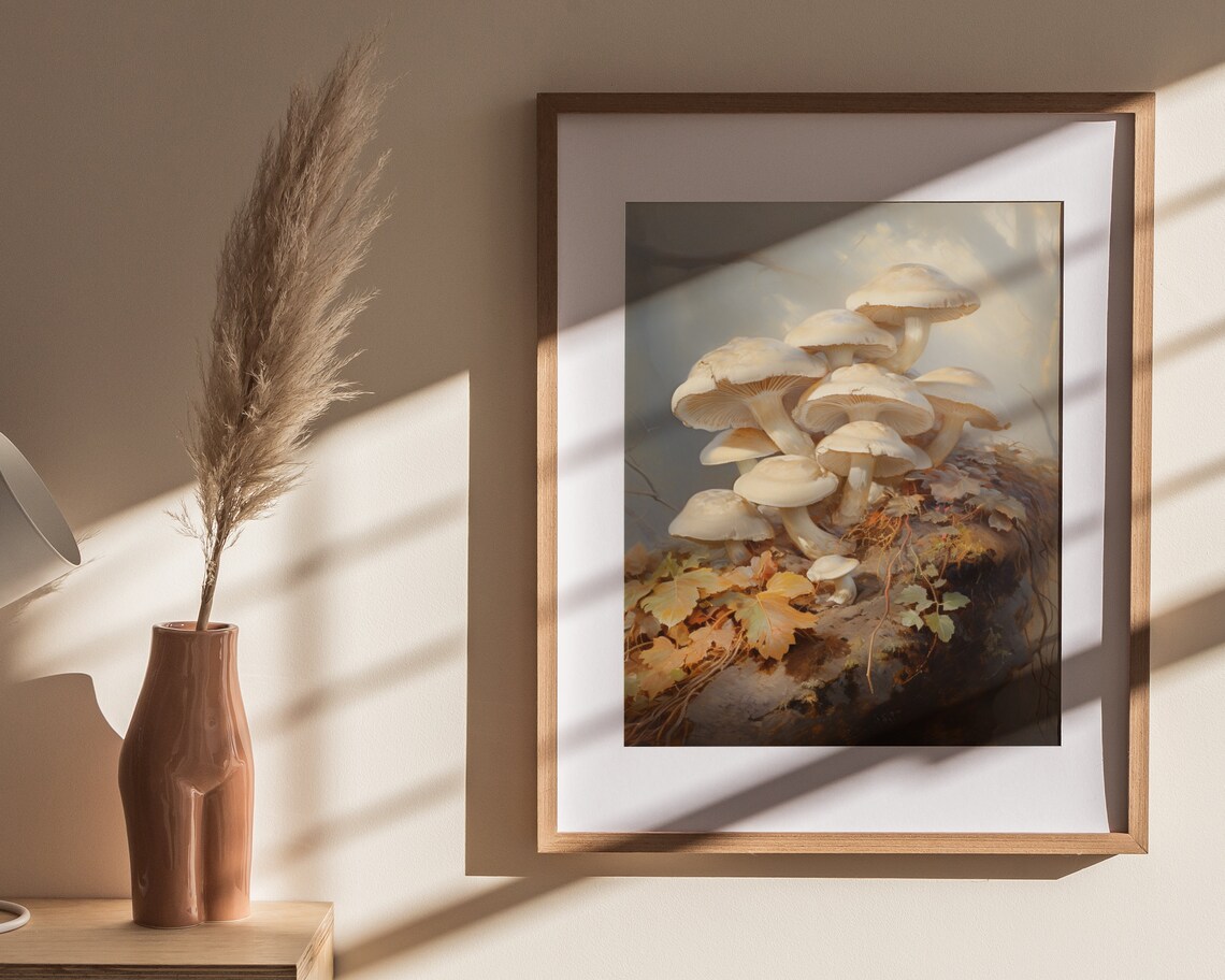 White Mushrooms on Mossy Log in Misty Forest Vintage Nature Painting Poster - Image 4