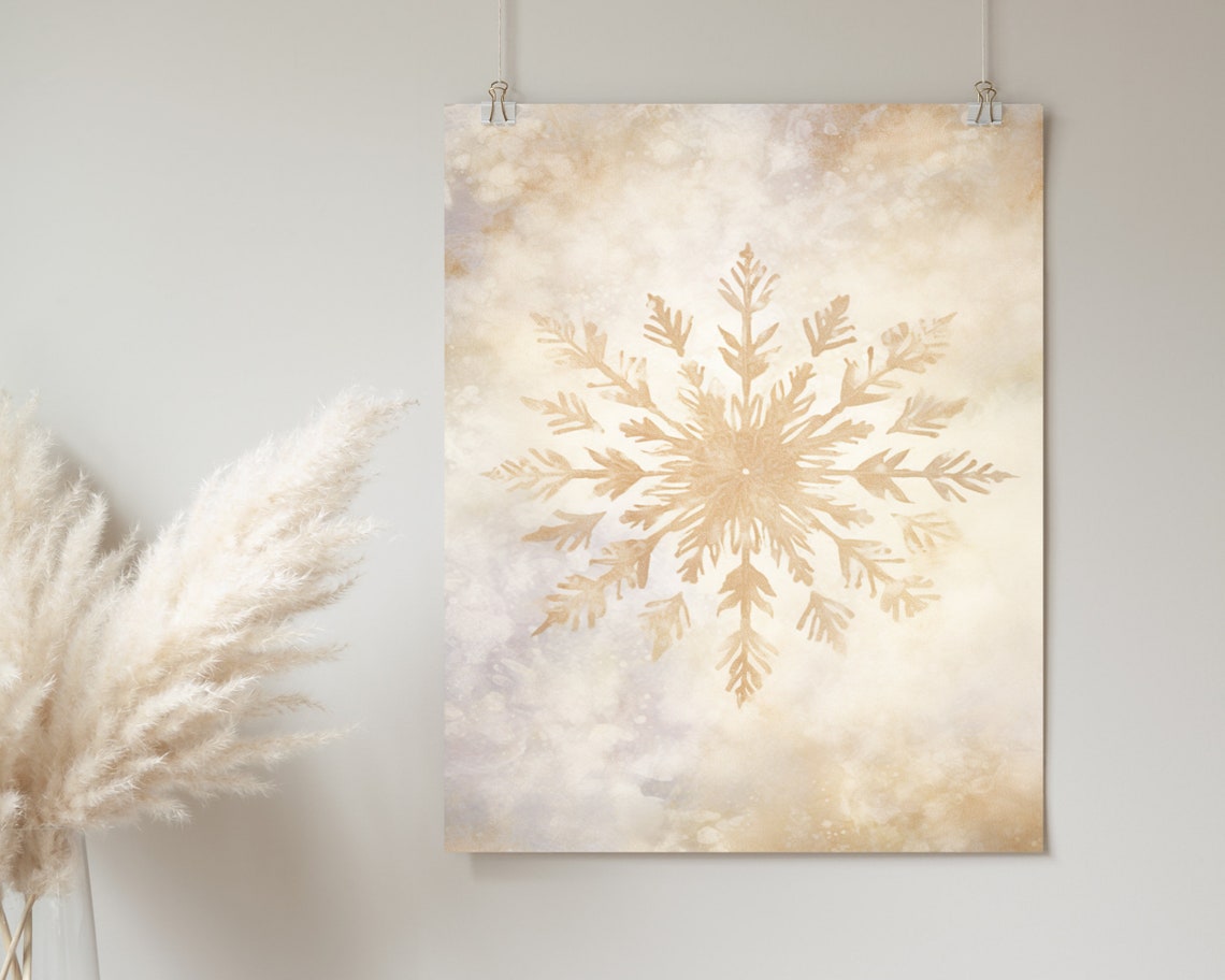 Gold Snowflake Watercolor Beige Minimal Christmas Wall Poster - Image 2