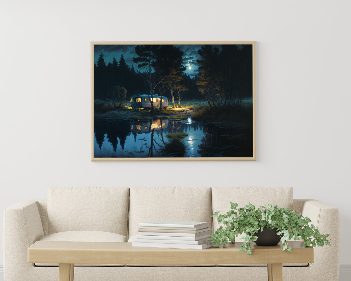 Vintage Camper by the Lake Under Moonlight Pine Forest Night Art Poster - Image 3