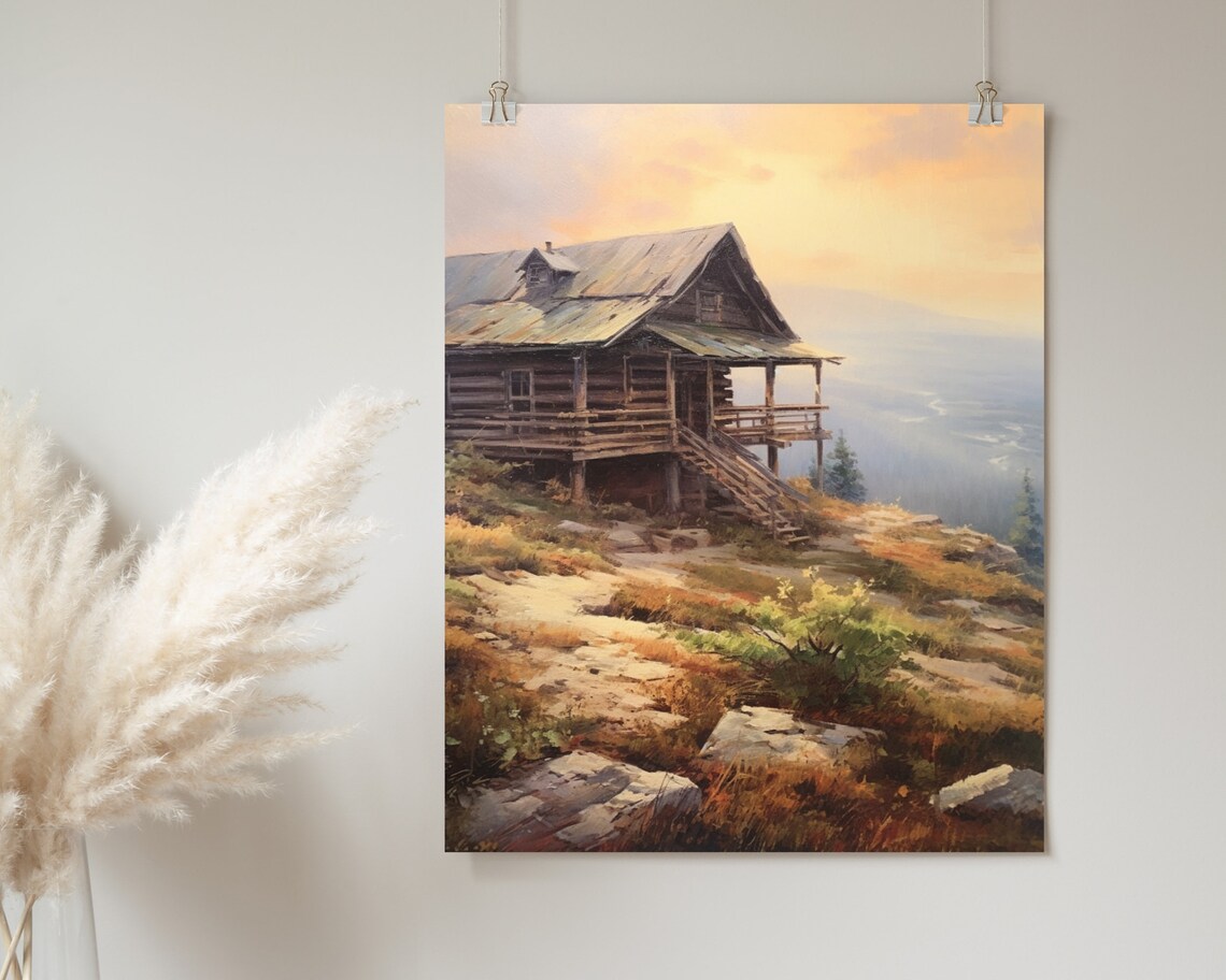 Log Cabin Clifftop Golden Hour Overlook Rustic Oil Painting Poster - Image 2