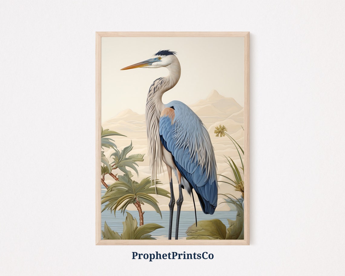 Great Blue Heron Standing Among Tropical Leaves Vintage Poster