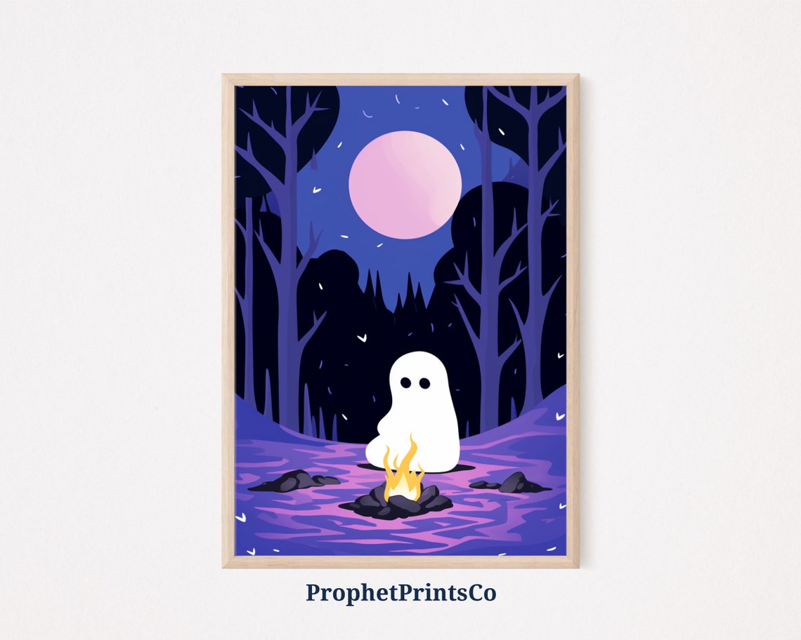 Cute Ghost By Campfire In Purple Forest Pink Moon Art Poster