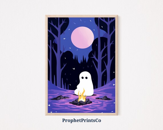 Cute Ghost By Campfire In Purple Forest Pink Moon Art Poster