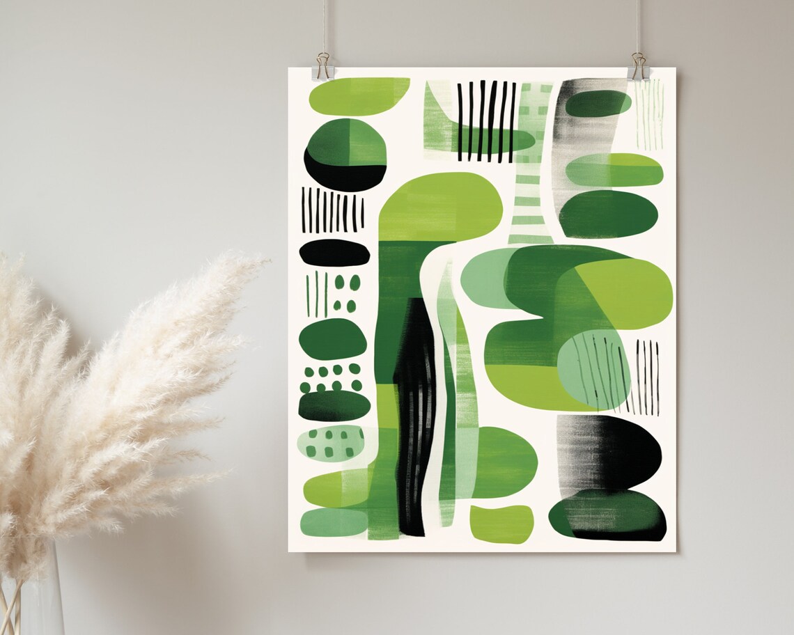 Green Abstract Boho Organic Shapes With Black Line Art Poster - Image 2