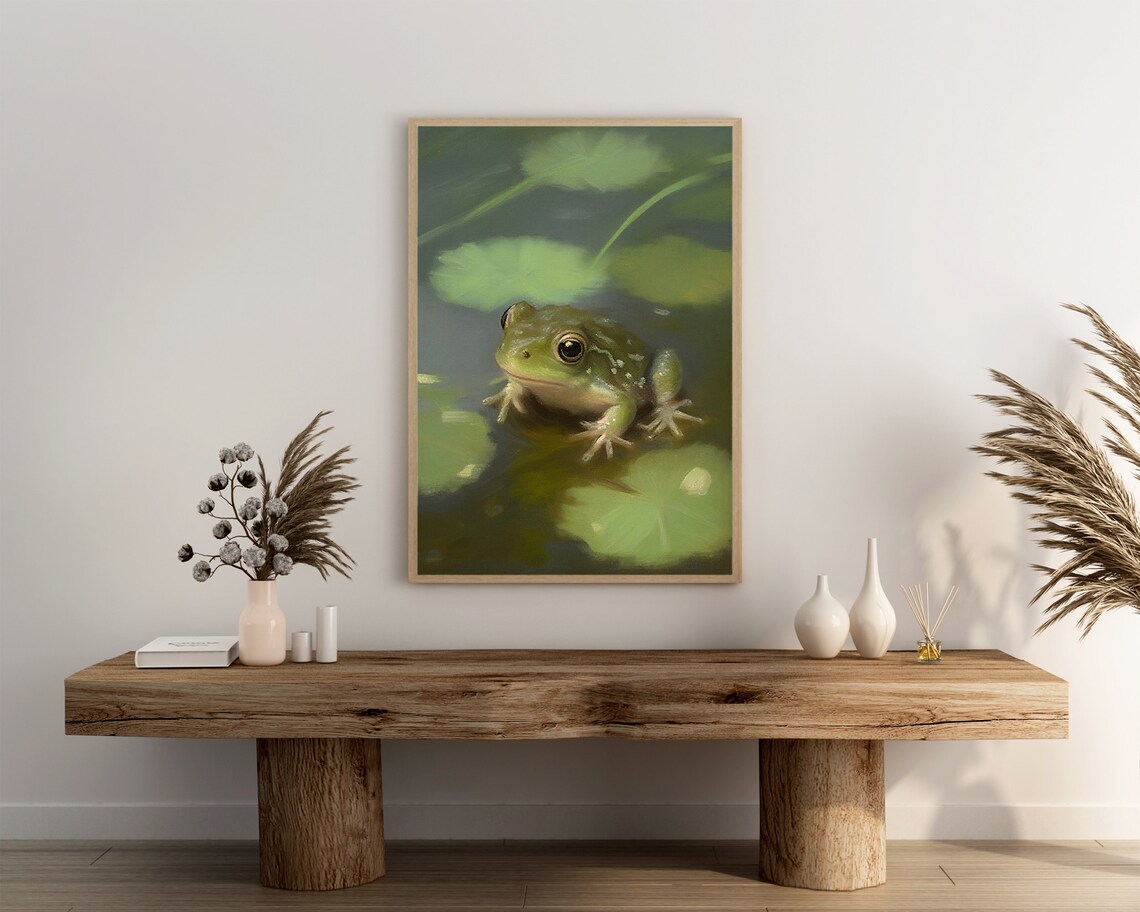 Green Frog Among Lily Pads In Sunlit Pond Peaceful Wildlife Art Poster - Image 3