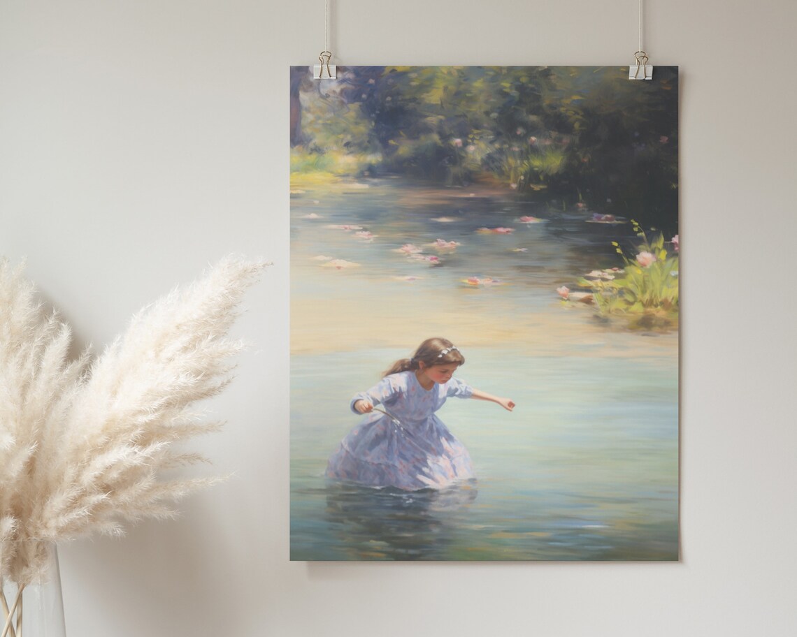 Girl Wading Water Lily Pond Impressionist Summer Painting Poster - Image 2