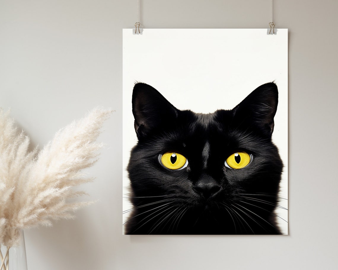 Black Cat With Yellow Eyes Staring Minimalist Cream Background Poster - Image 2