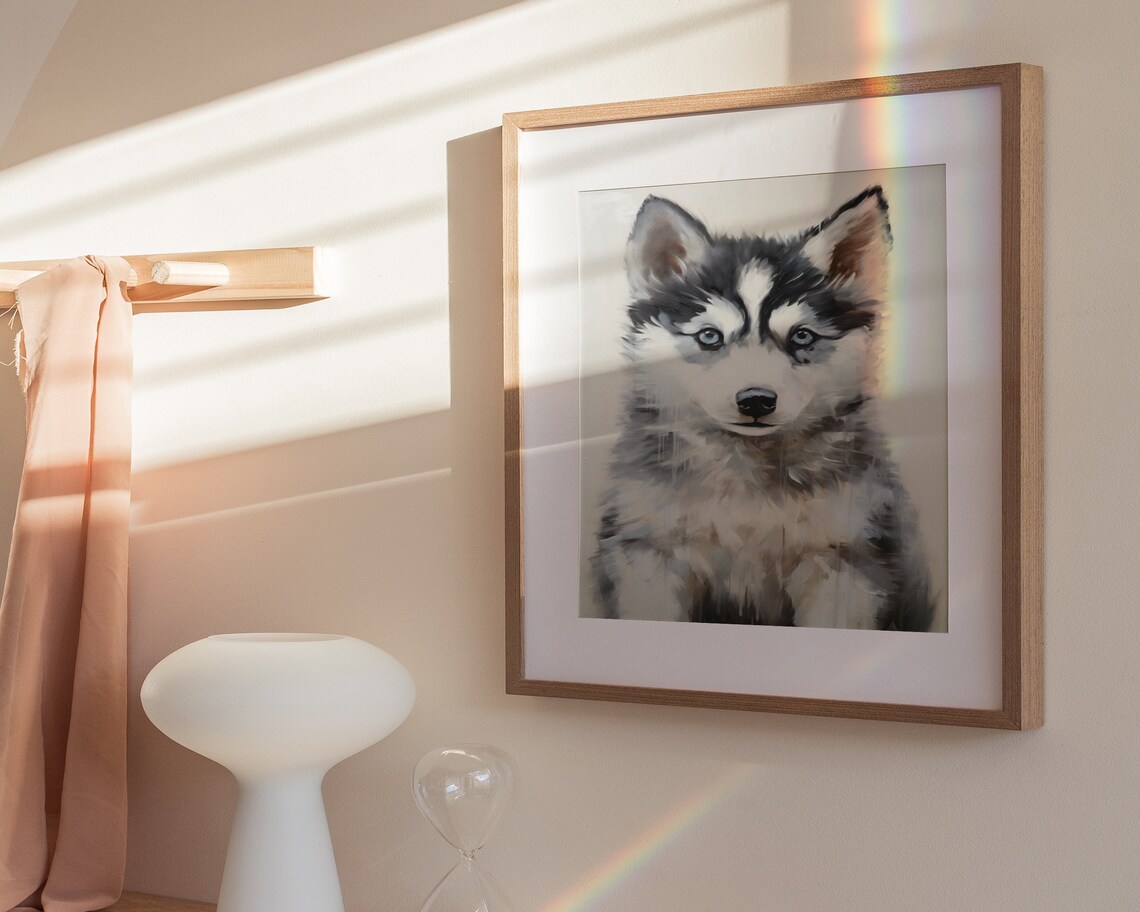 Cute Husky Puppy Portrait on Cream Vintage Dog Oil Painting Wall Art - Image 3