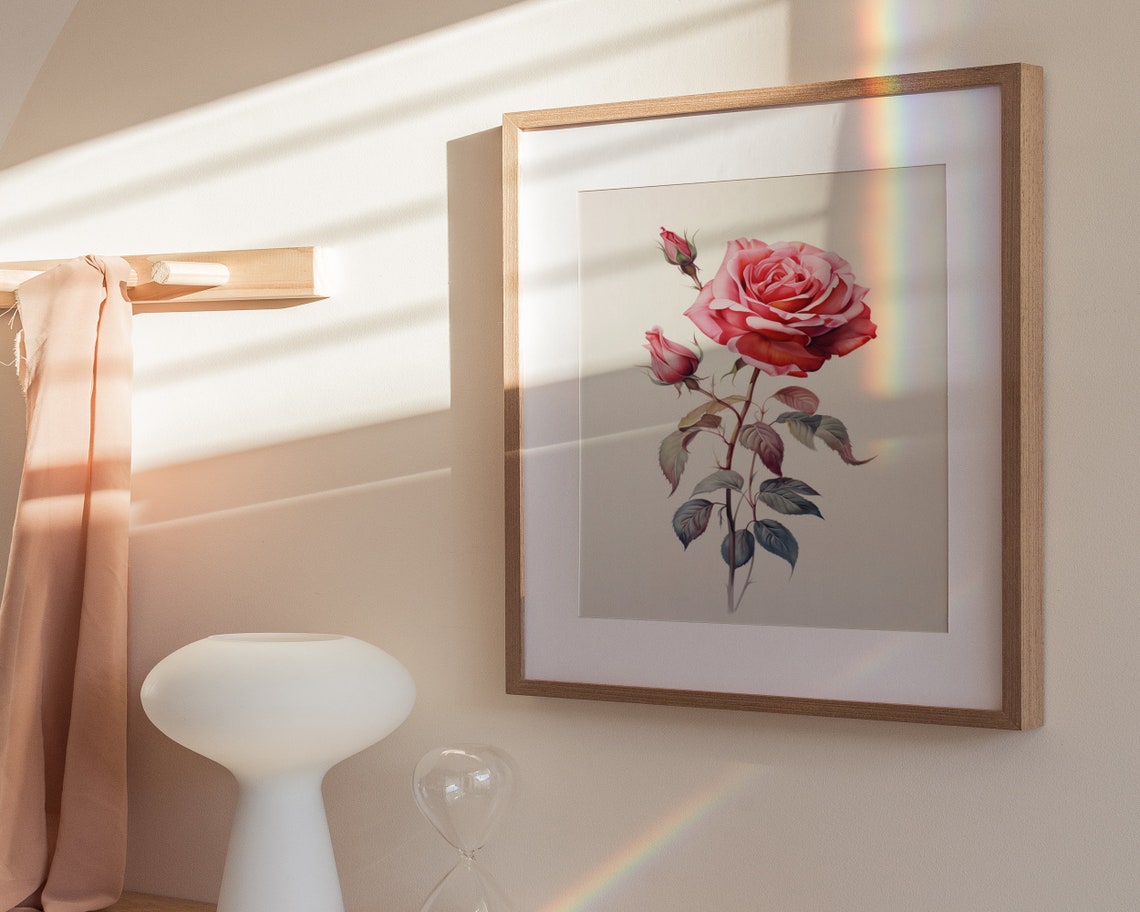 Vintage Pink Rose With Buds Botanical Floral Illustration Poster - Image 3