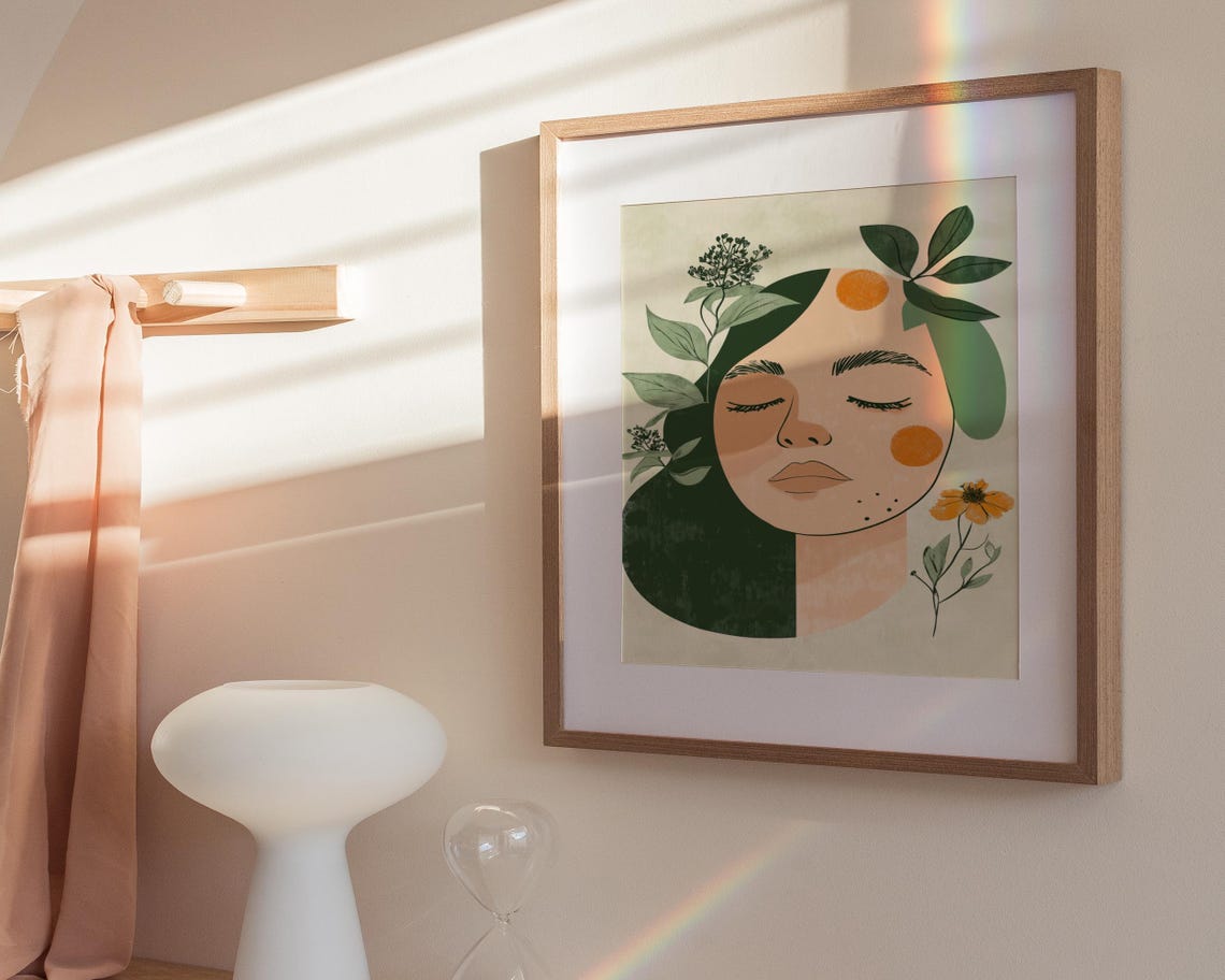 Tranquil Female Portrait Green And Orange Botanical Abstract Poster - Image 4