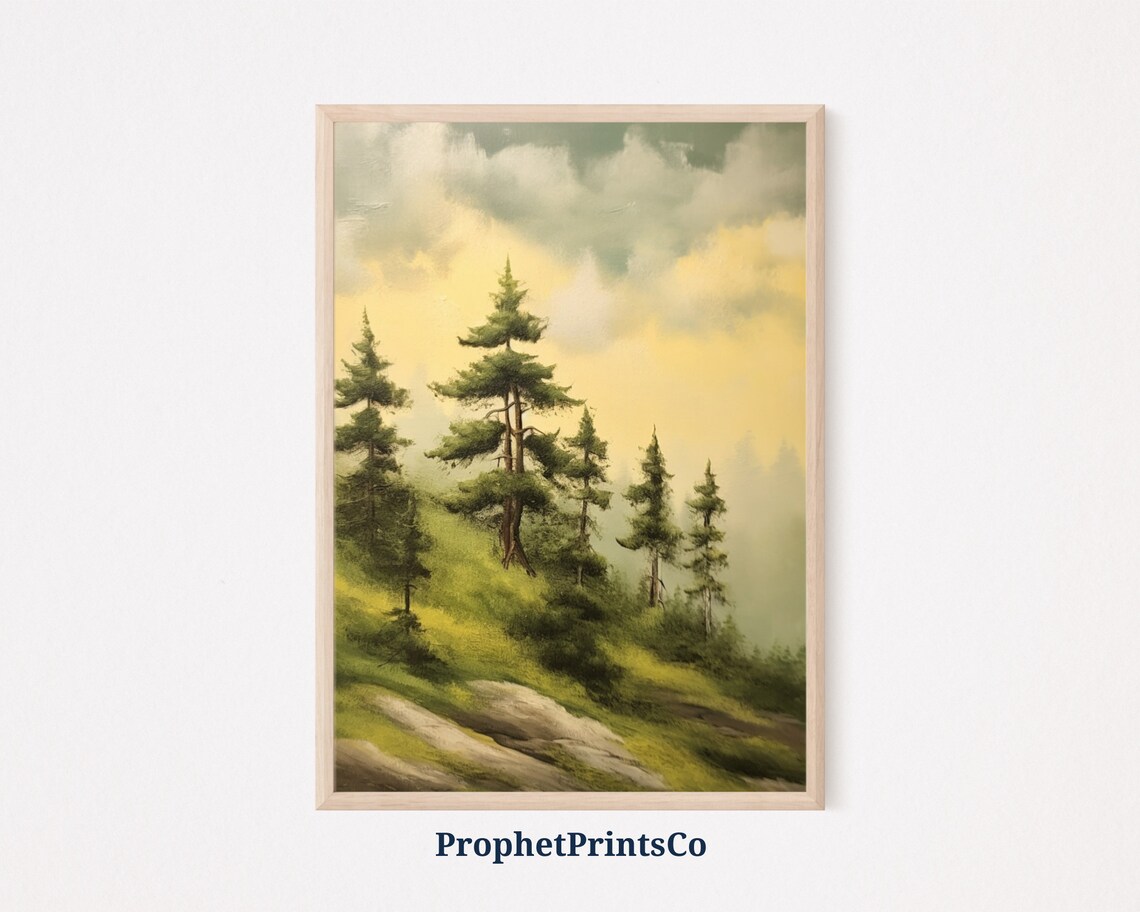 Foggy Pine Forest Oil Painting with Golden Morning Light Poster