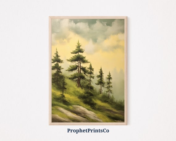 Soft Tonal Pine Trees Oil Painting Foggy Forest Wall Art Pine Tree Painting Rustic Wall Dcor Wall Art