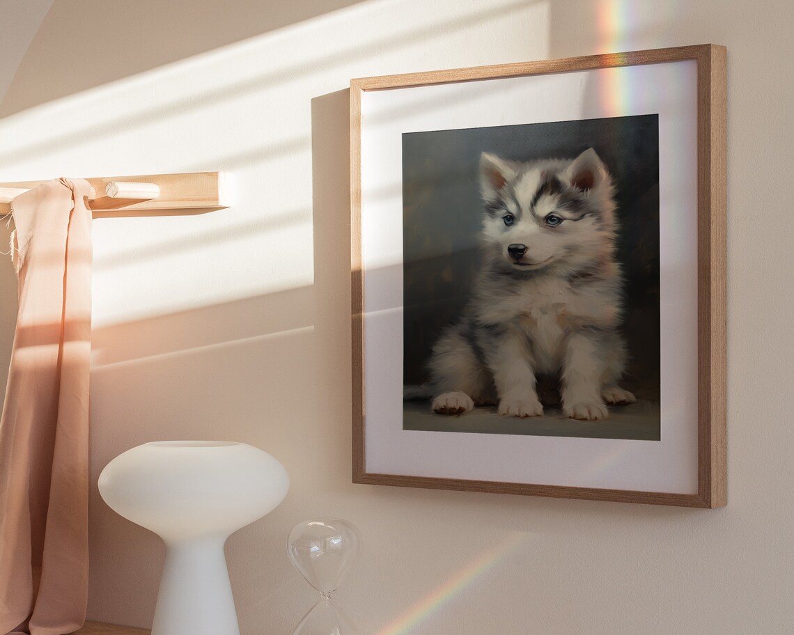 Fluffy Husky Puppy on Dark Background Dramatic Puppy Portrait Painting Poster - Image 3