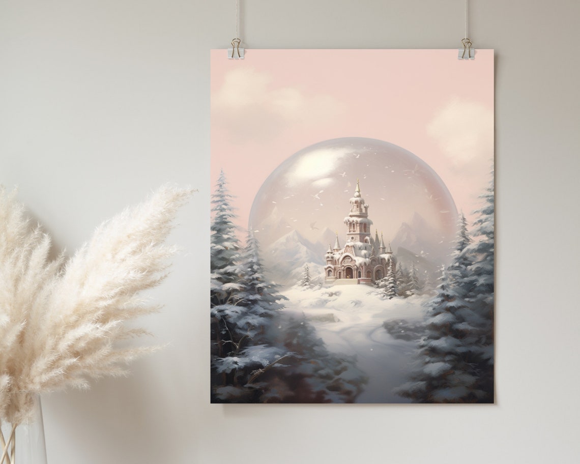 Winter Castle Snow Globe Pink Sky Christmas Fairytale Poster - Image 2