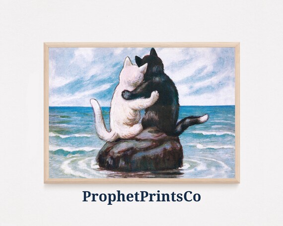 Two Cats Hugging On Rock By The Sea Vintage Heartwarming Poster