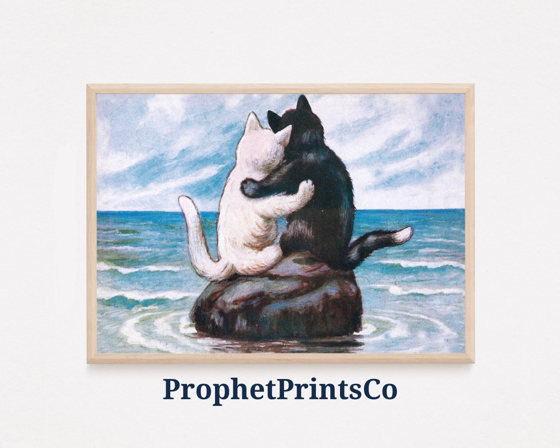Two Cats Hugging On Rock By The Sea Vintage Heartwarming Poster