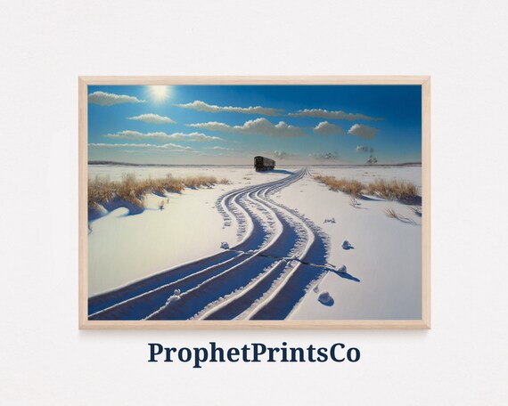 Bright Blue Sky Snowy Railway Curves Winter Train Track Poster