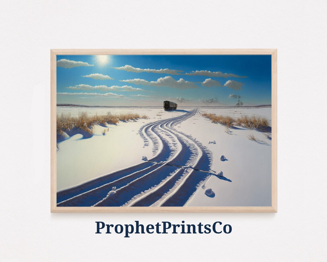 Bright Blue Sky Snowy Railway Curves Winter Train Track Poster