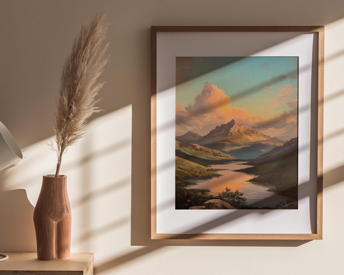 Mountain Sunset Valley Lake Teal Sky Golden Peaks Landscape Art Poster - Image 3