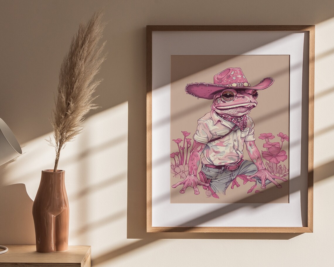 Pink Cowboy Frog Hat Jeans Desert Flowers Western Funny Art Poster - Image 4