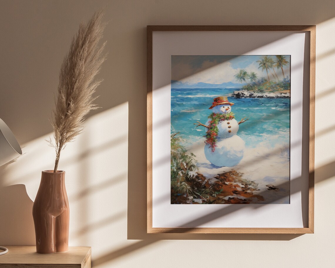 Snowman on Tropical Beach with Lei Vintage Hawaiian Christmas Painting Poster - Image 4