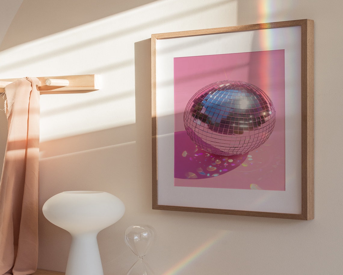 Disco Ball Sparkle Reflections Pink Background Trendy Glam Wall Poster - Image 3