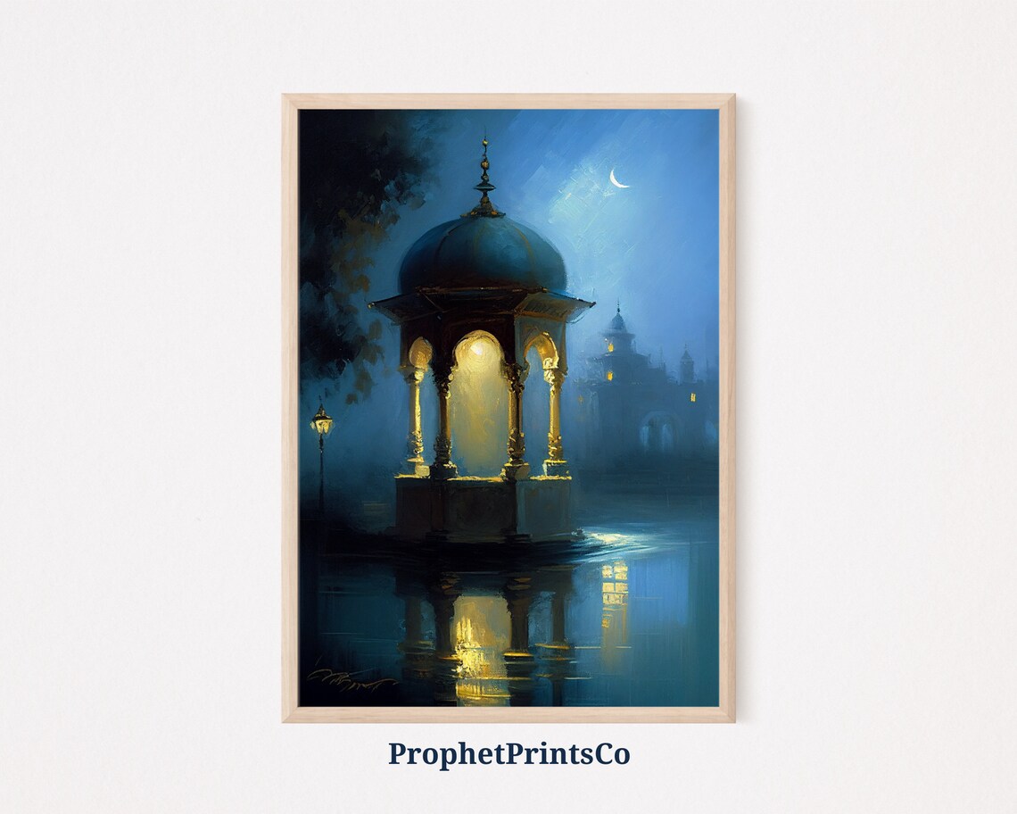 Moonlit Domed Pavilion Over Water Islamic Night Painting Poster