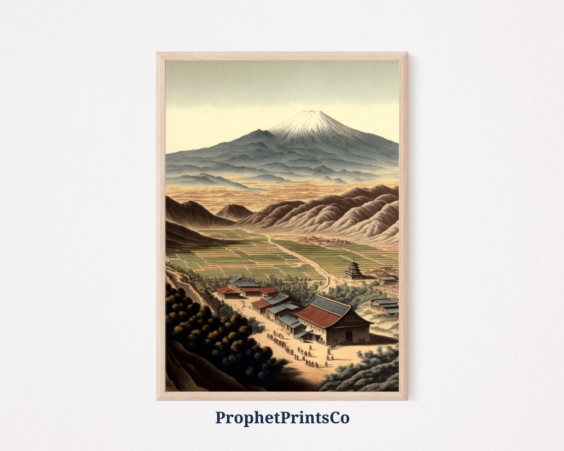 Majestic Mount Fuji Over Japanese Village and Rice Fields Poster