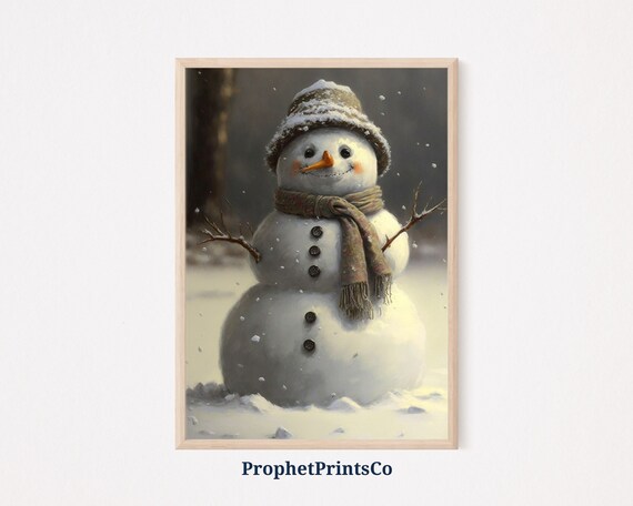 Cute Snowman with Knit Cap and Scarf Falling Snow Winter Poster