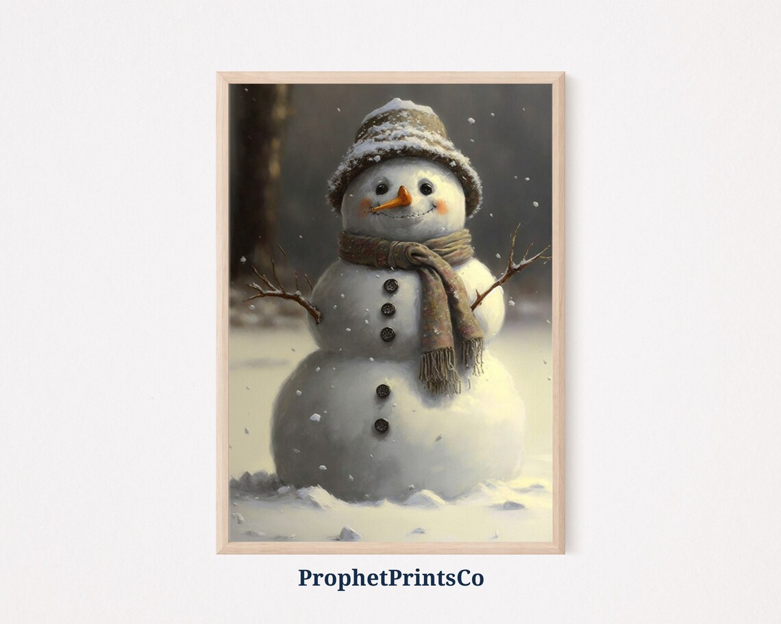 Cute Snowman with Knit Cap and Scarf Falling Snow Winter Poster