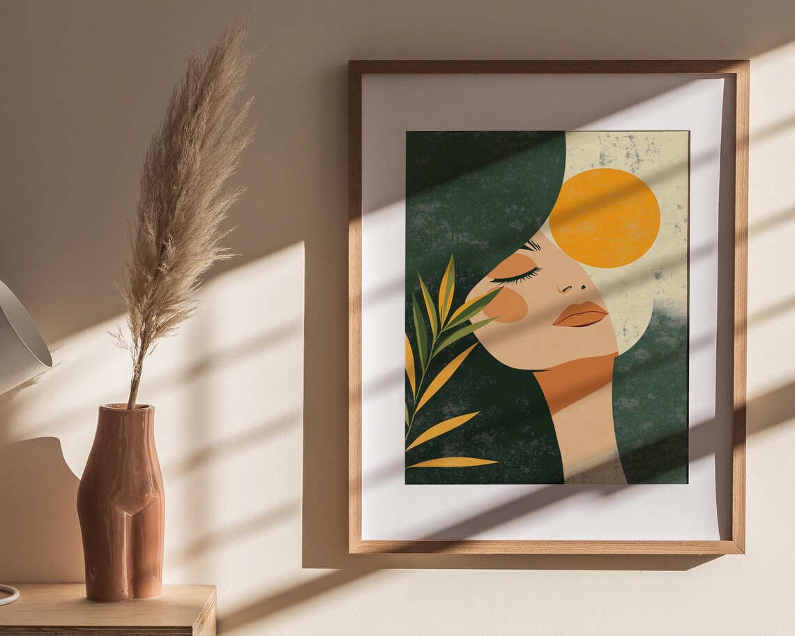 Sunlit Woman Profile Bold Colors Orange Sun Green Hair Modern Art Poster - Image 4