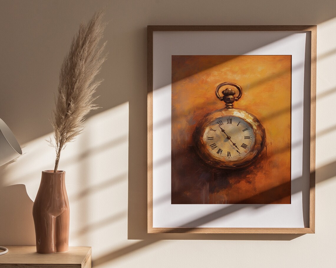 Antique Pocket Watch Roman Numerals Amber Oil Painting Poster - Image 4