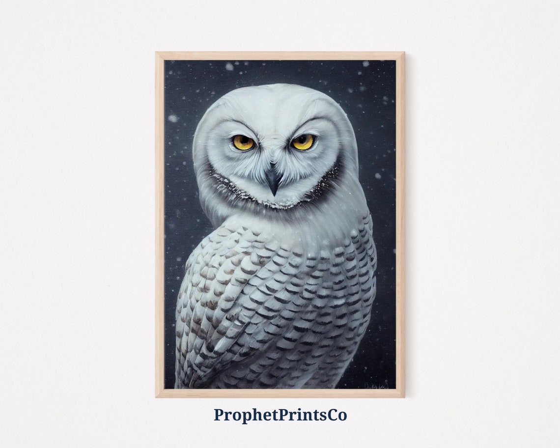 Snowy Owl In Falling Snow Winter Bird Portrait Golden Eyes Poster