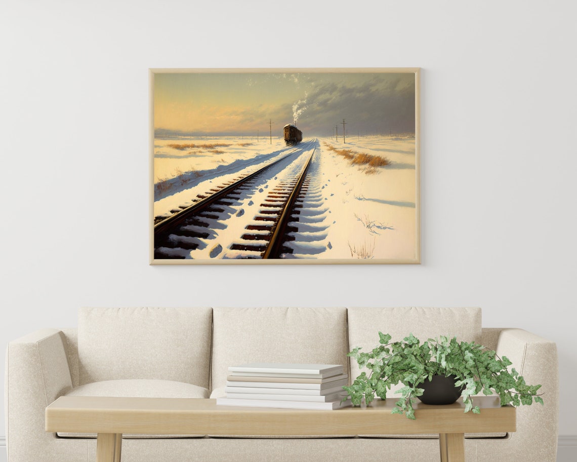 Golden Sunset Steam Train On Snowy Tracks Winter Landscape Poster - Image 3