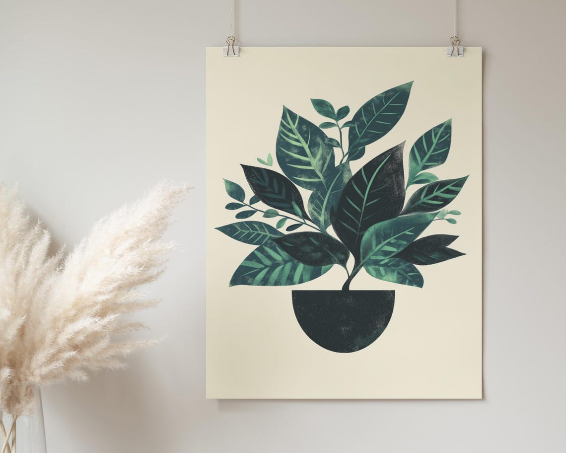 Minimalist Potted Green Plant Leaves Botanical Boho Decor Poster - Image 2