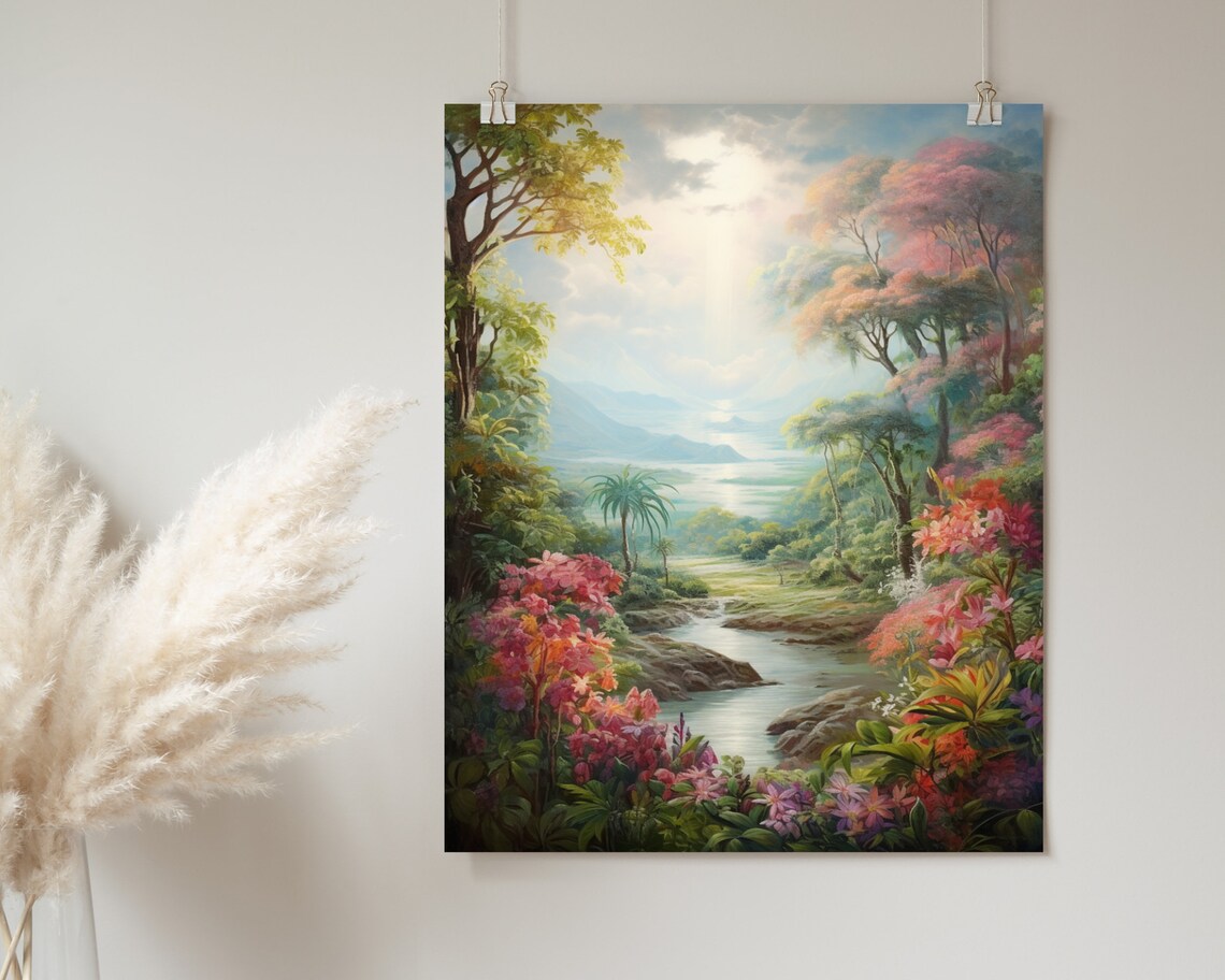 Tropical Garden Valley River Flowers Landscape Painting Poster - Image 2