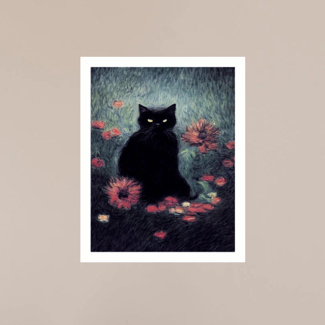 Black Cat Among Red Flowers Moody Dark Floral Feline Art Poster - Image 3