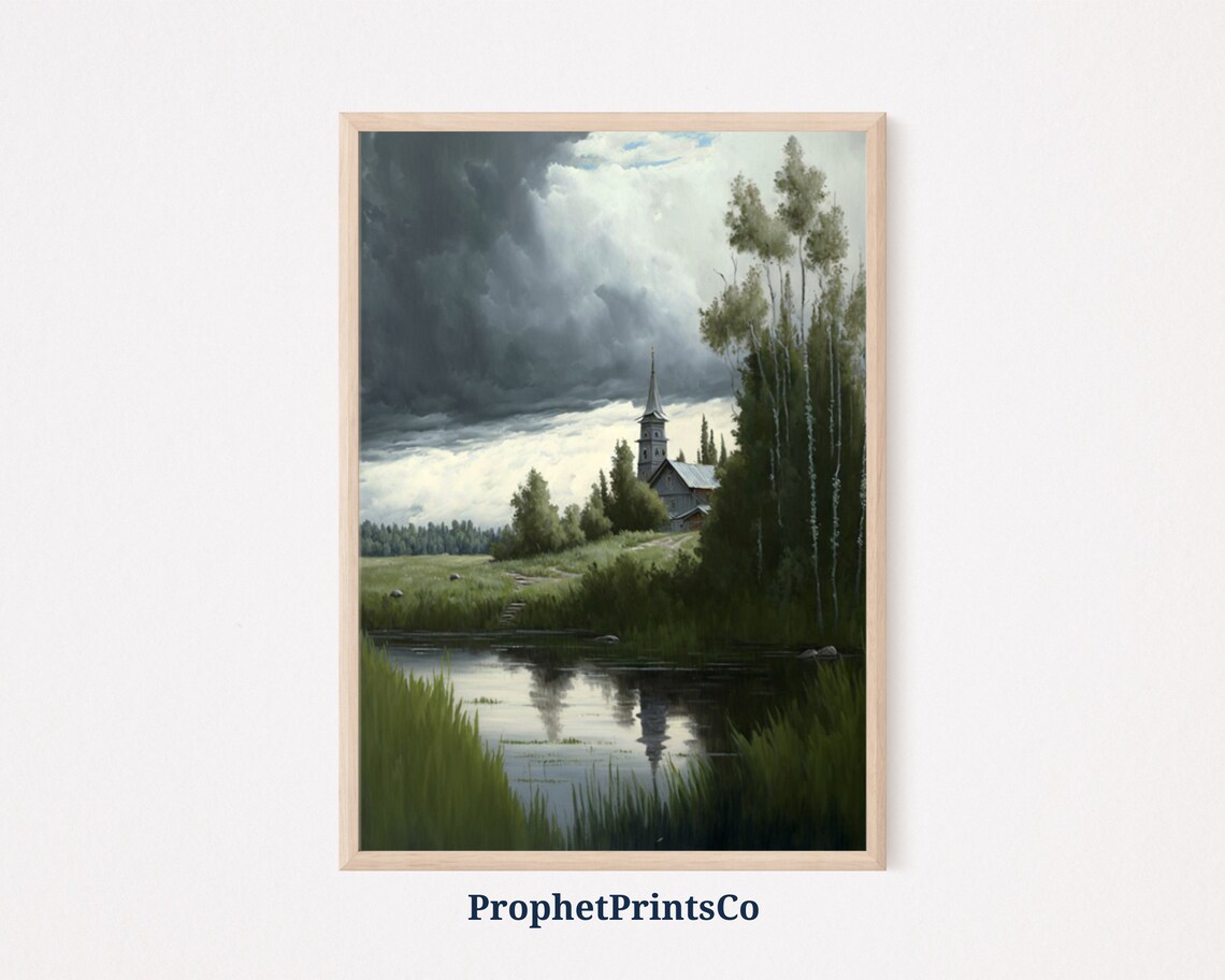 Orthodox Wooden Church Spire Lake Storm Clouds Moody Art Poster