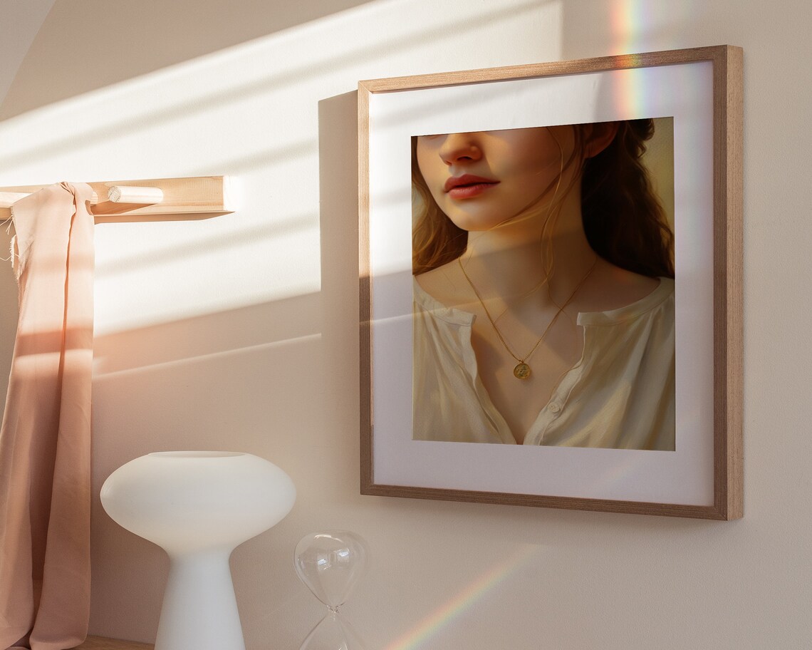 Woman Gold Coin Pendant White Blouse Golden Hour Portrait Poster - Image 3