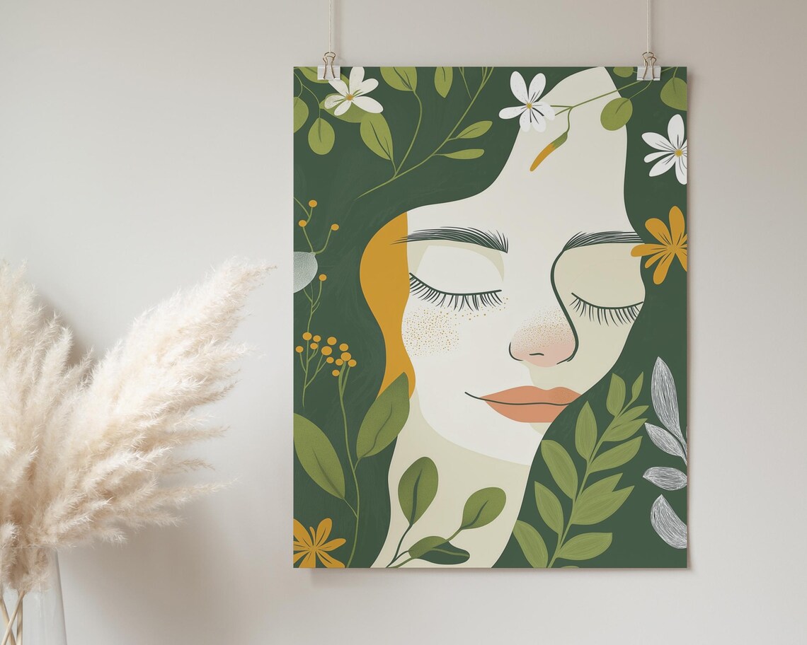 Bohemian Floral Crown Woman Portrait Green Botanical Garden Poster - Image 2