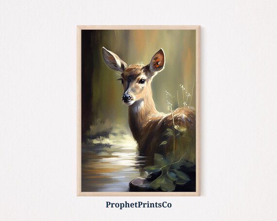 Young Fawn by a Forest Stream in Dappled Light Oil Painting Poster