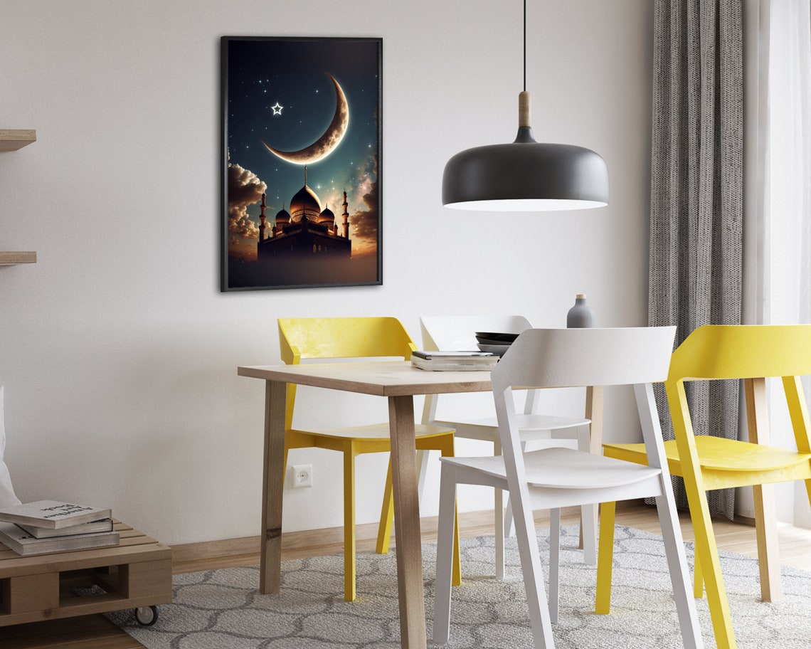 Mosque Silhouette Under a Golden Crescent Moon Starry Night Poster - Image 2