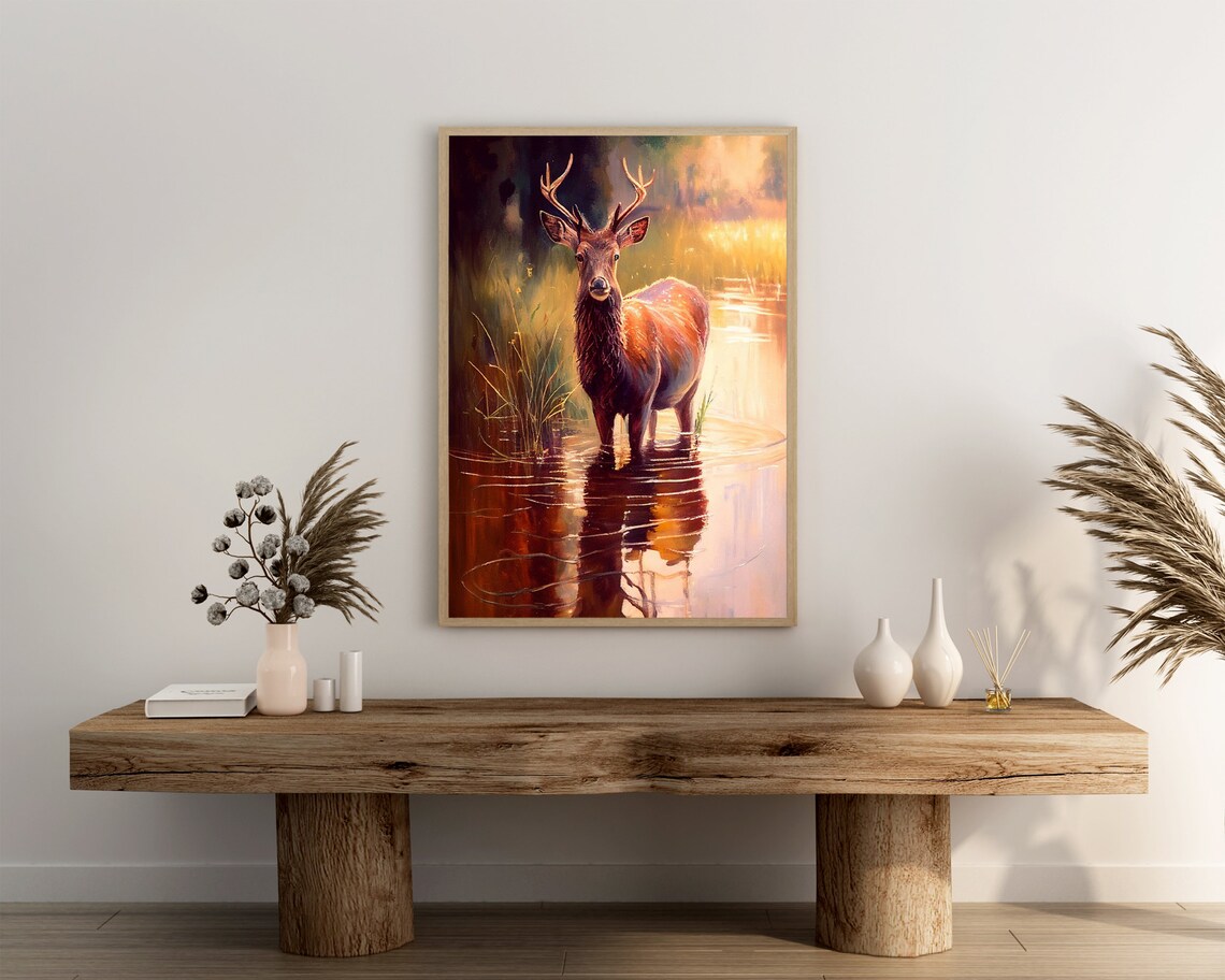 Majestic Buck Deer in a Golden Sunset Pond Oil Painting Poster - Image 3